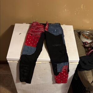 Patchwork Men’s Jeans - Black, Red, and Blue